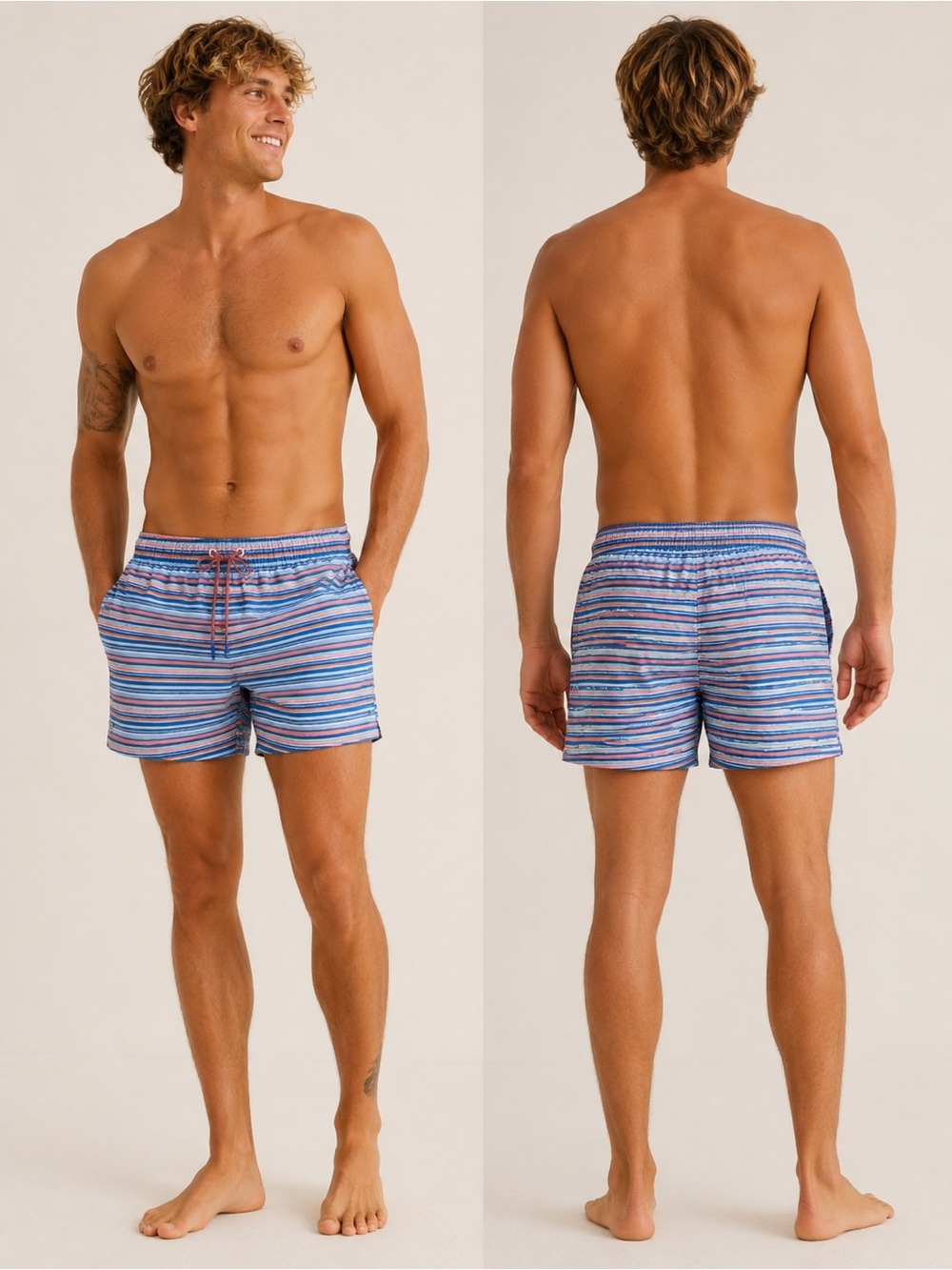 Ocean+Coast Striped Lined Blue & Pink Resort Preppy Swim Surf Trunks Sz Large